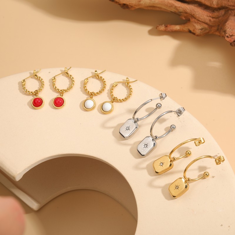 1 Pair Modern Style Hexagram Round Plating Inlay 304 Stainless Steel Artificial Gemstones Hoop Earrings display picture 7