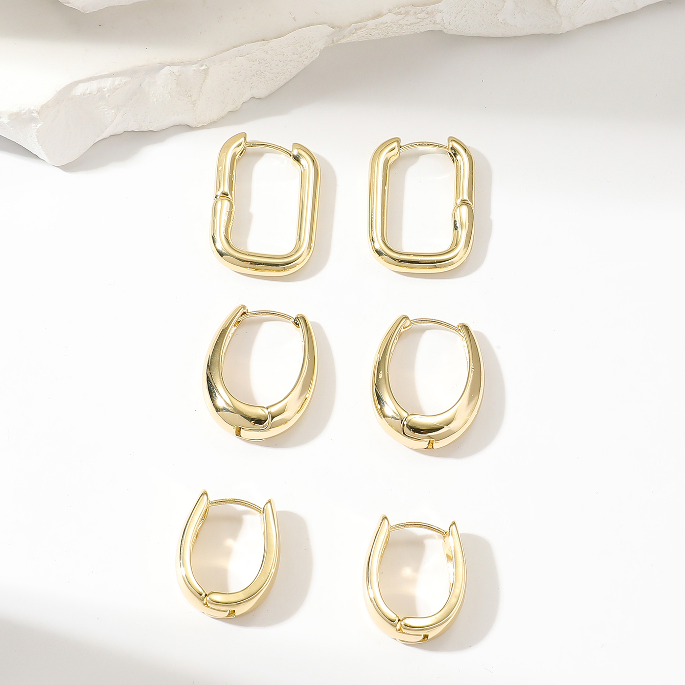 3 Pairs Basic Round Square Plating Copper Gold Plated Hoop Earrings display picture 2
