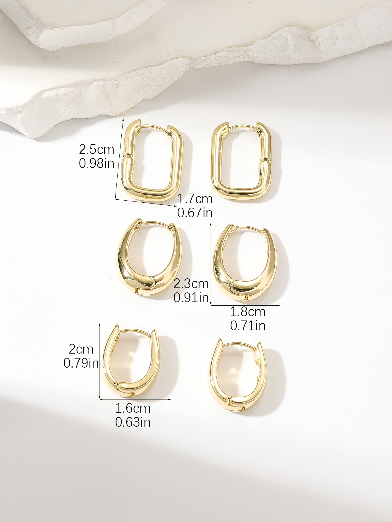 3 Pairs Basic Round Square Plating Copper Gold Plated Hoop Earrings display picture 4