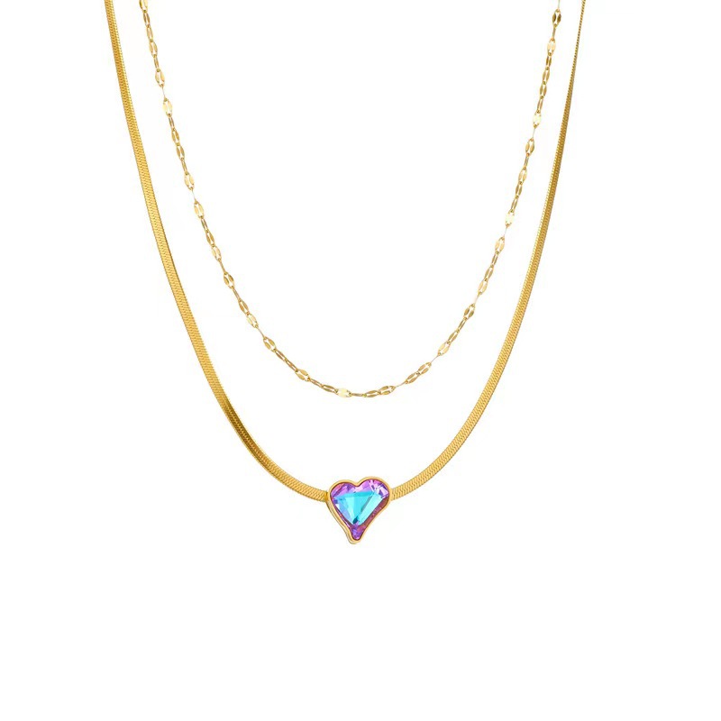 304 Stainless Steel 18K Gold Plated Simple Style Plating Inlay Heart Shape Artificial Rhinestones Double Layer Necklaces display picture 5