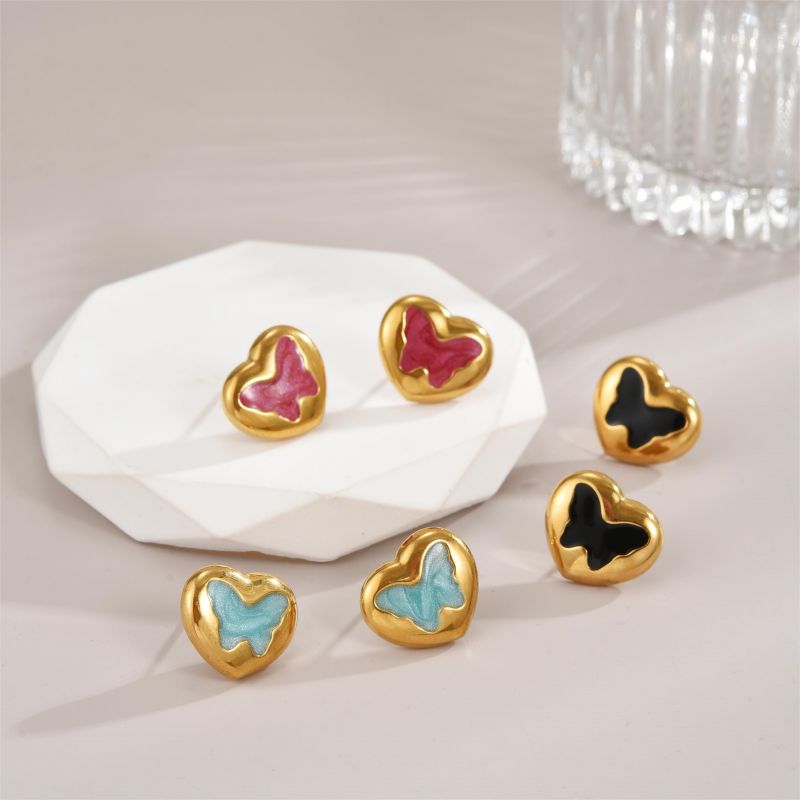 1 Pair Cute Heart Shape Enamel Plating Inlay Stainless Steel Zircon 18K Gold Plated Ear Studs display picture 7