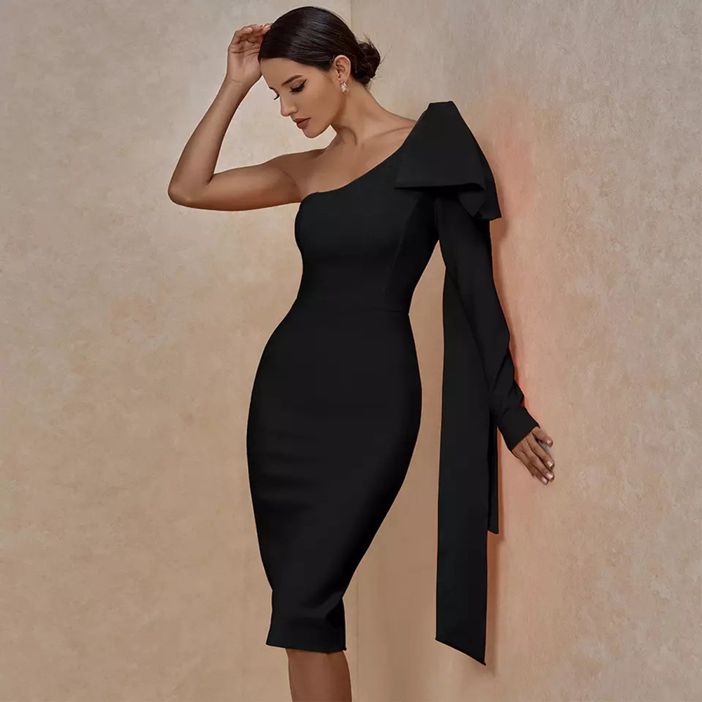 Women's Sheath Dress Elegant Oblique Collar Bowknot Long Sleeve Solid Color Midi Dress Banquet Party display picture 7