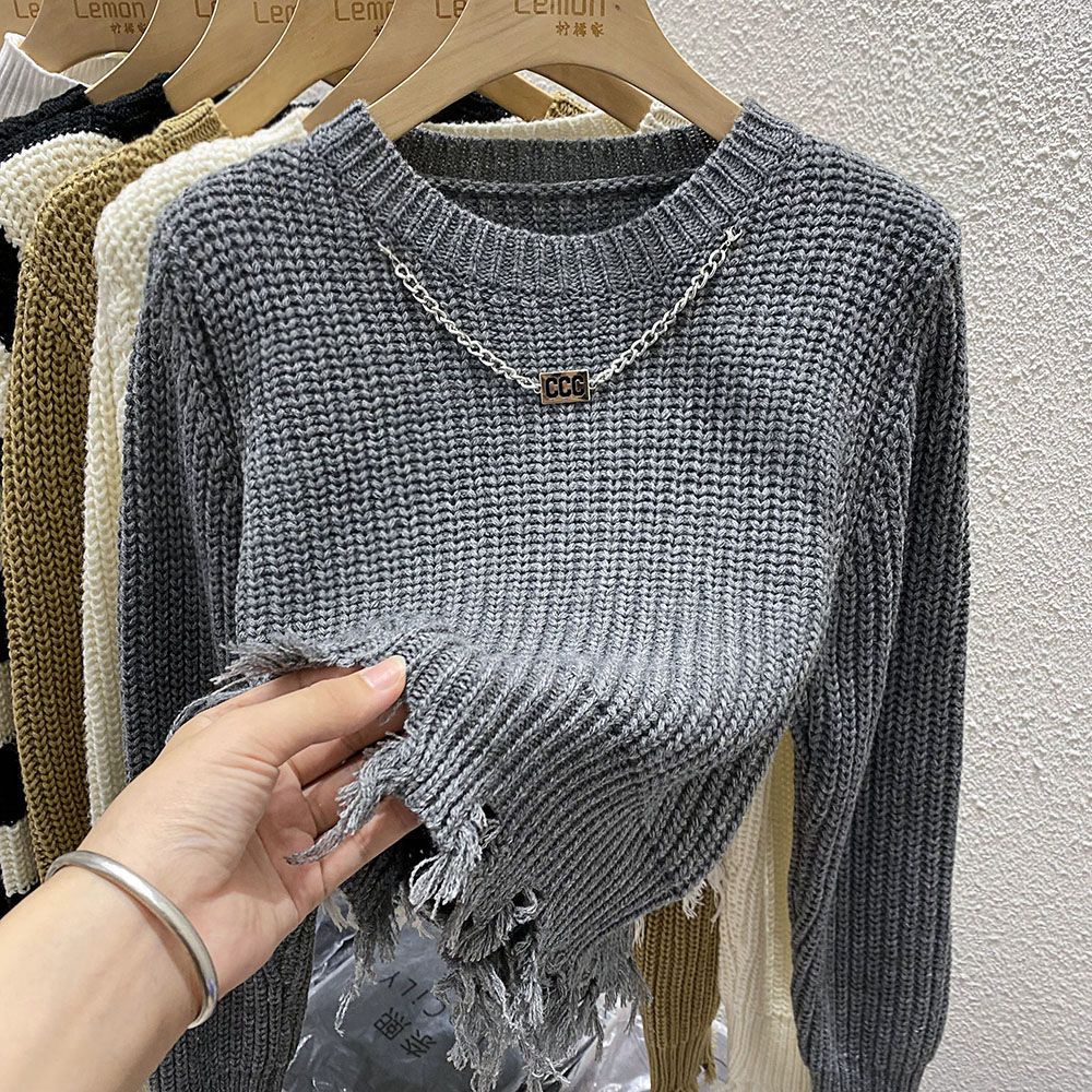 Women's Sweater Long Sleeve Sweaters & Cardigans Tassel Casual Stripe Solid Color display picture 1