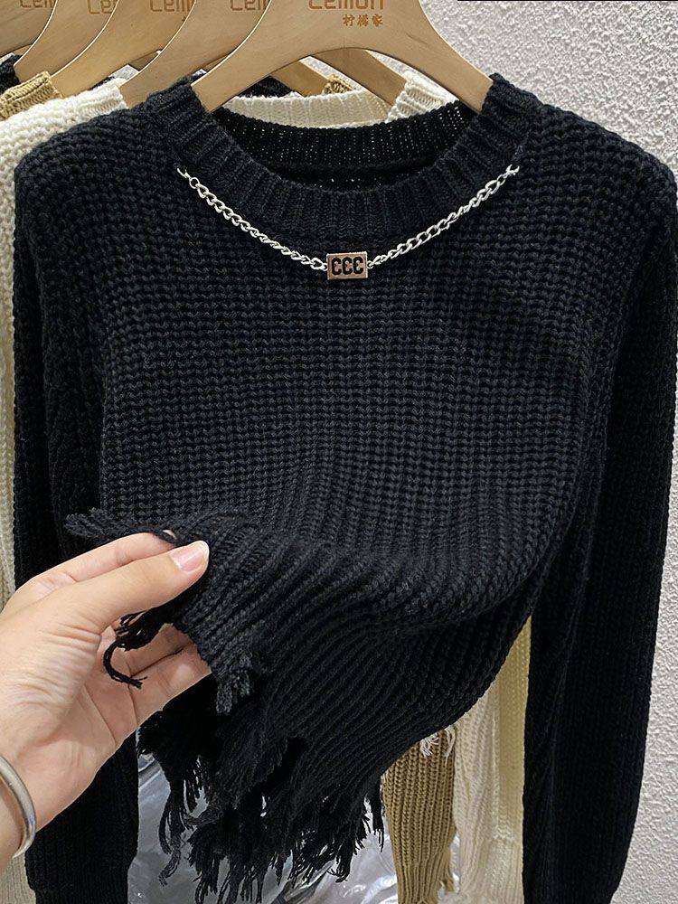 Women's Sweater Long Sleeve Sweaters & Cardigans Tassel Casual Stripe Solid Color display picture 4