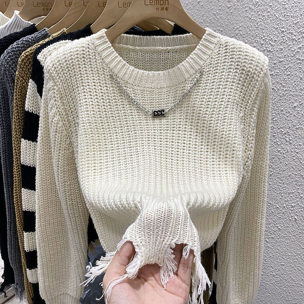 Women's Sweater Long Sleeve Sweaters & Cardigans Tassel Casual Stripe Solid Color display picture 6