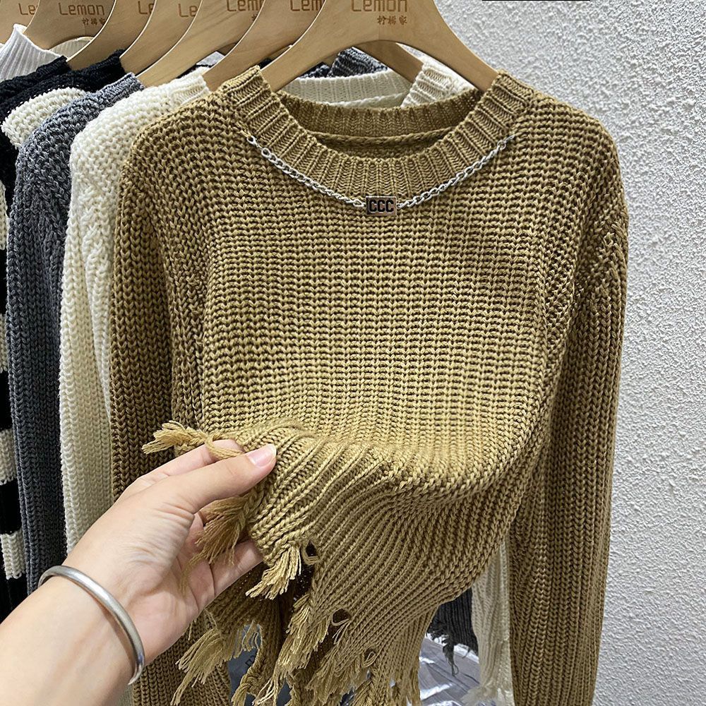 Women's Sweater Long Sleeve Sweaters & Cardigans Tassel Casual Stripe Solid Color display picture 10