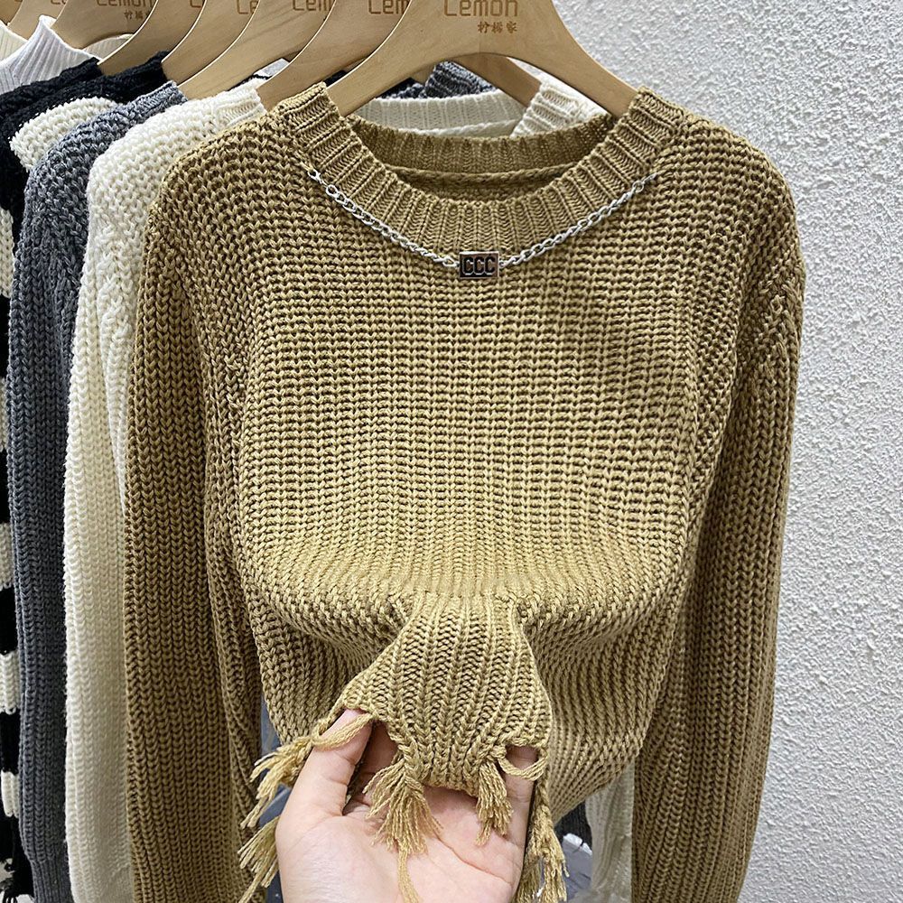 Women's Sweater Long Sleeve Sweaters & Cardigans Tassel Casual Stripe Solid Color display picture 12