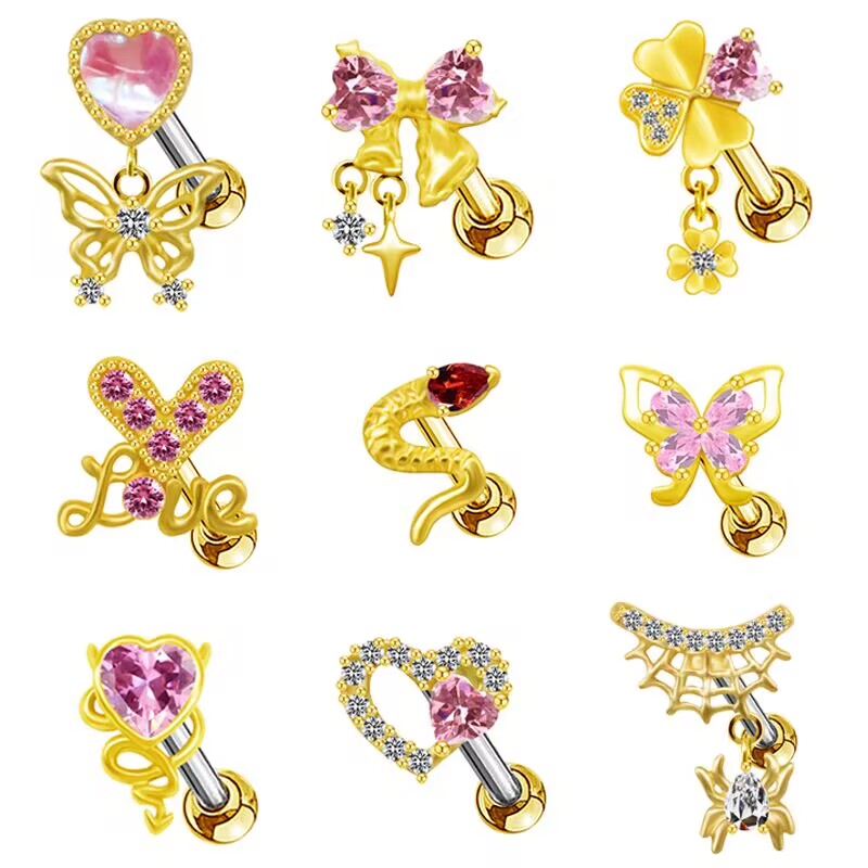 1 Piece Casual Elegant Tropical Heart Shape Bow Knot Rhinestone Plating Inlay Stainless Steel Rhinestones Zircon Gold Plated Cartilage Earrings display picture 1