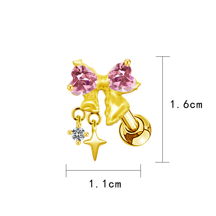1 Piece Casual Elegant Tropical Heart Shape Bow Knot Rhinestone Plating Inlay Stainless Steel Rhinestones Zircon Gold Plated Cartilage Earrings display picture 24