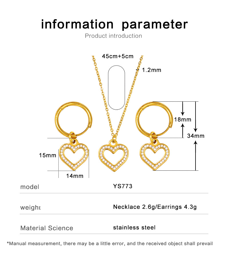 304 Stainless Steel 18K Gold Plated Sweet Streetwear Plating Inlay Heart Shape Rhinestones Earrings Necklace display picture 1