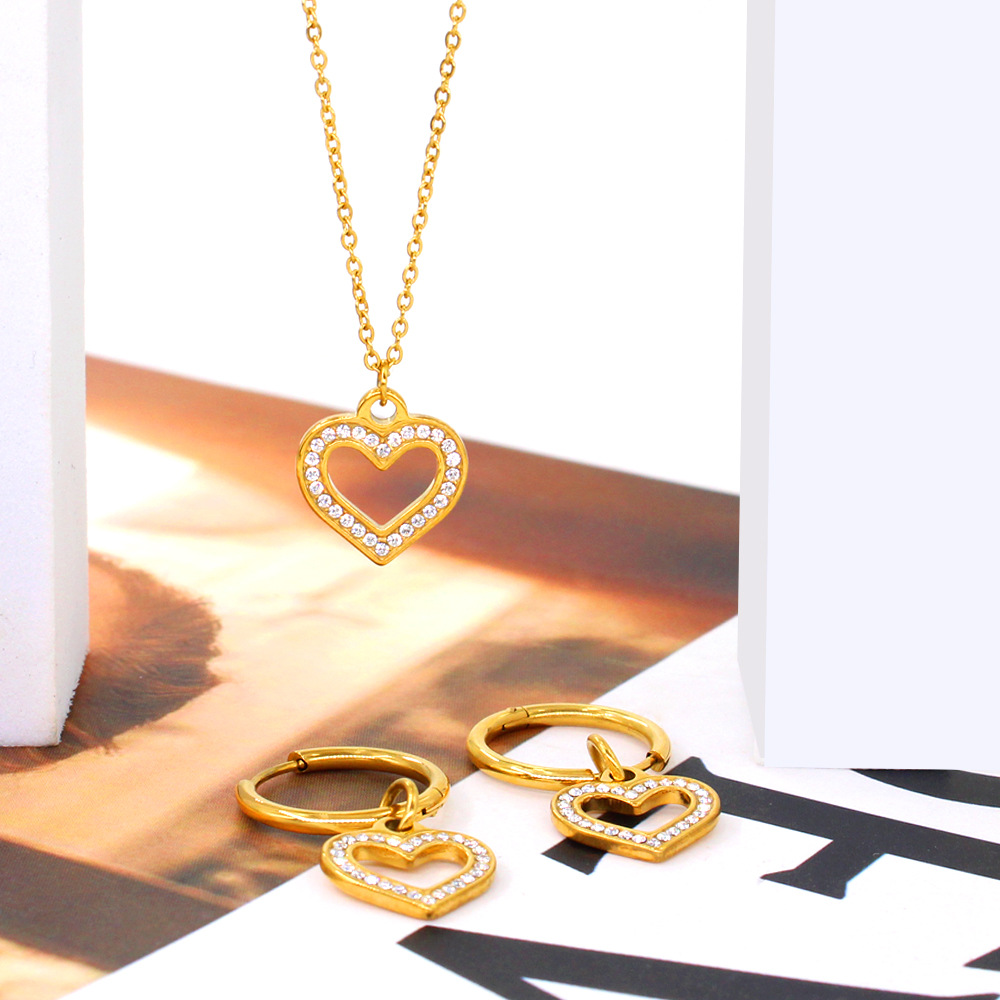 304 Stainless Steel 18K Gold Plated Sweet Streetwear Plating Inlay Heart Shape Rhinestones Earrings Necklace display picture 8