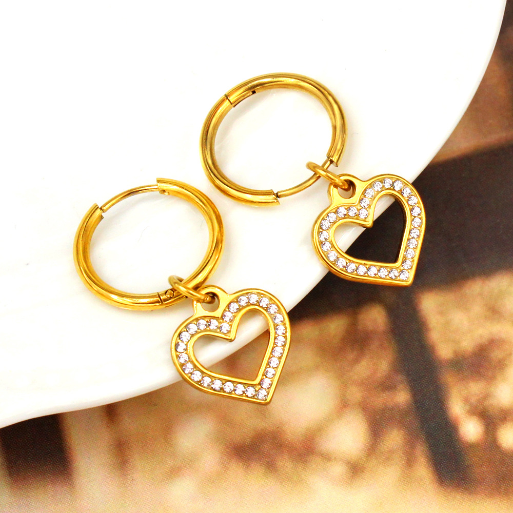 304 Stainless Steel 18K Gold Plated Sweet Streetwear Plating Inlay Heart Shape Rhinestones Earrings Necklace display picture 9