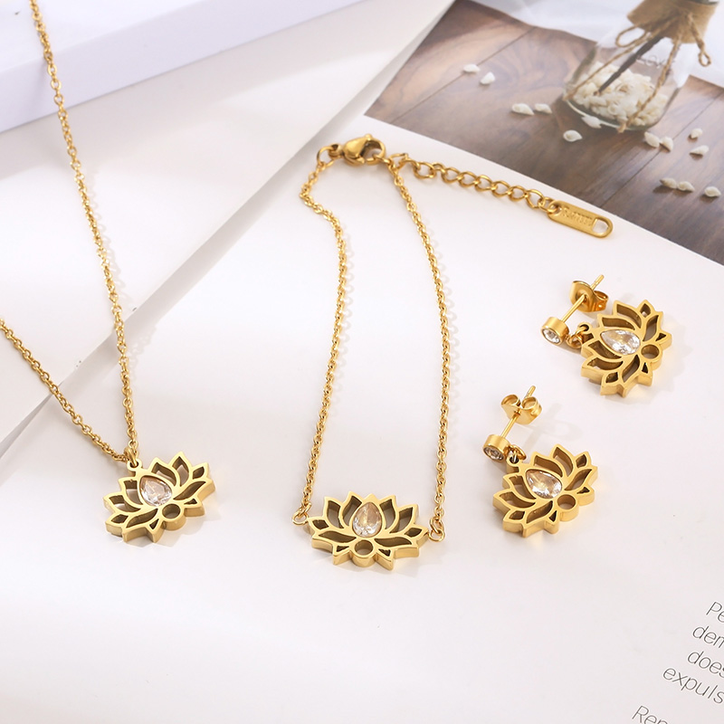 Titanium Steel 18K Gold Plated Simple Style Plating Hollow Out Lotus Chrysanthemum Bracelets Earrings Necklace display picture 9