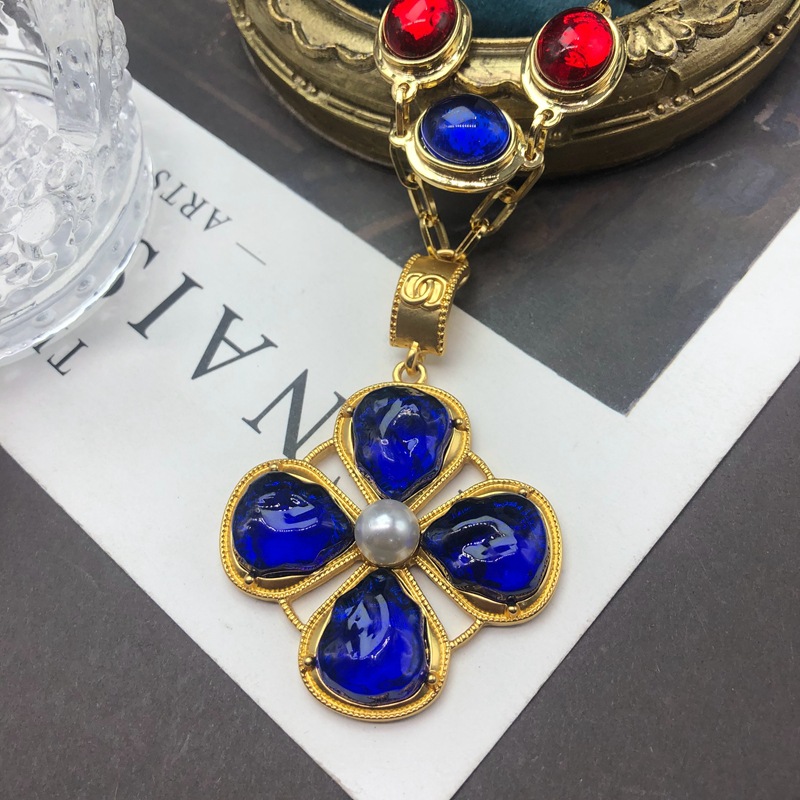 Vintage Style Flower Alloy Glass Plating Women's Pendant Necklace Sweater Chain display picture 10