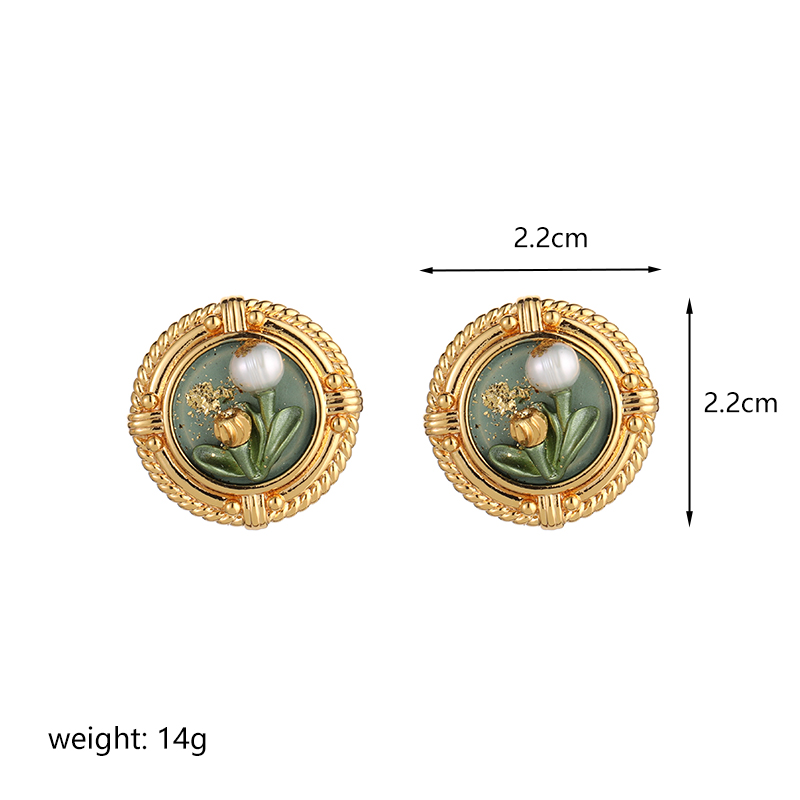 1 Pair Elegant Retro Flower Painted Plating Inlay Copper Freshwater Pearl 18k Gold Plated Ear Studs display picture 2