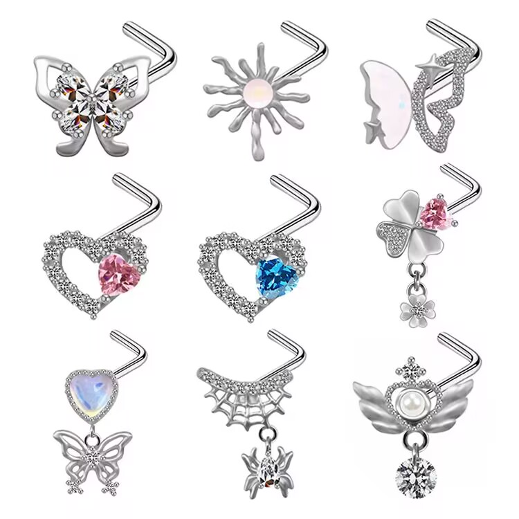 Christmas Simple Style Commute Heart Shape Bow Knot Stainless Steel Plating Inlay Rhinestones Zircon White Gold Plated Nose Studs display picture 1