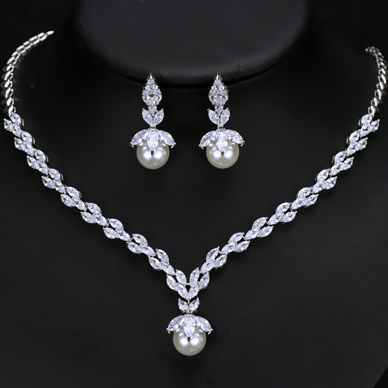 Luxurious Bridal Water Droplets Copper Plating Inlay Artificial Gemstones Artificial Pearls Shell White Gold Plated Rhodium Plated Jewelry Set display picture 3