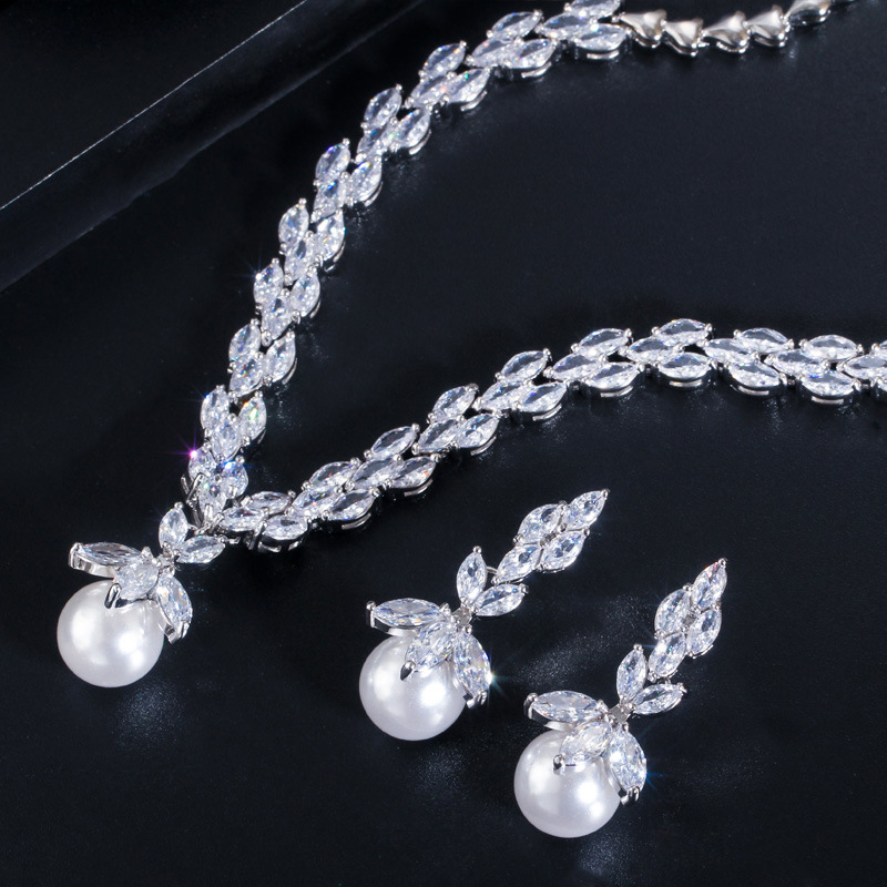Luxurious Bridal Water Droplets Copper Plating Inlay Artificial Gemstones Artificial Pearls Shell White Gold Plated Rhodium Plated Jewelry Set display picture 5