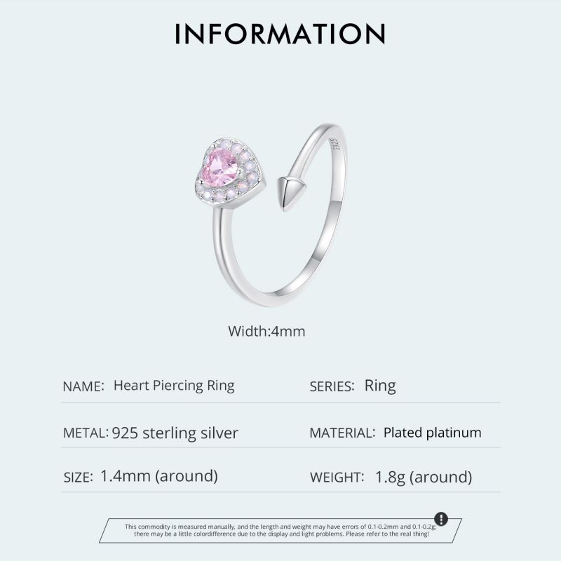 Lässig Herzform Rose Sterling Silber Zirkon Offener Ring In Masse display picture 8