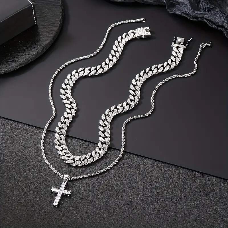 304 Stainless Steel Copper Hip-Hop Vintage Style Simple Style Plating Inlay Cross Zircon Double Layer Necklaces display picture 1