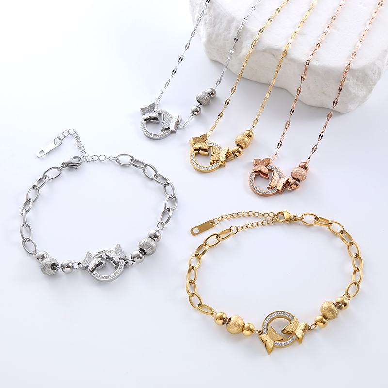 Casual Commute Butterfly Stainless Steel Plating Hollow Out Inlay Artificial Diamond 18k Gold Plated Rose Gold Plated Bracelets Necklace display picture 7