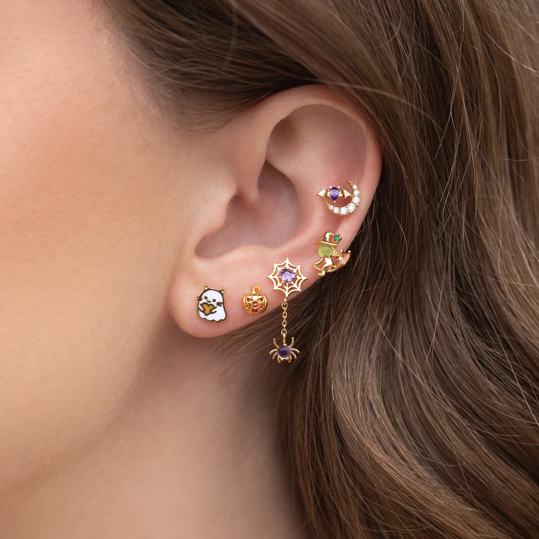 1 Set 1 Pair Cute Animal Cartoon Moon Plating Inlay Brass Zircon 18k Gold Plated Ear Studs display picture 3