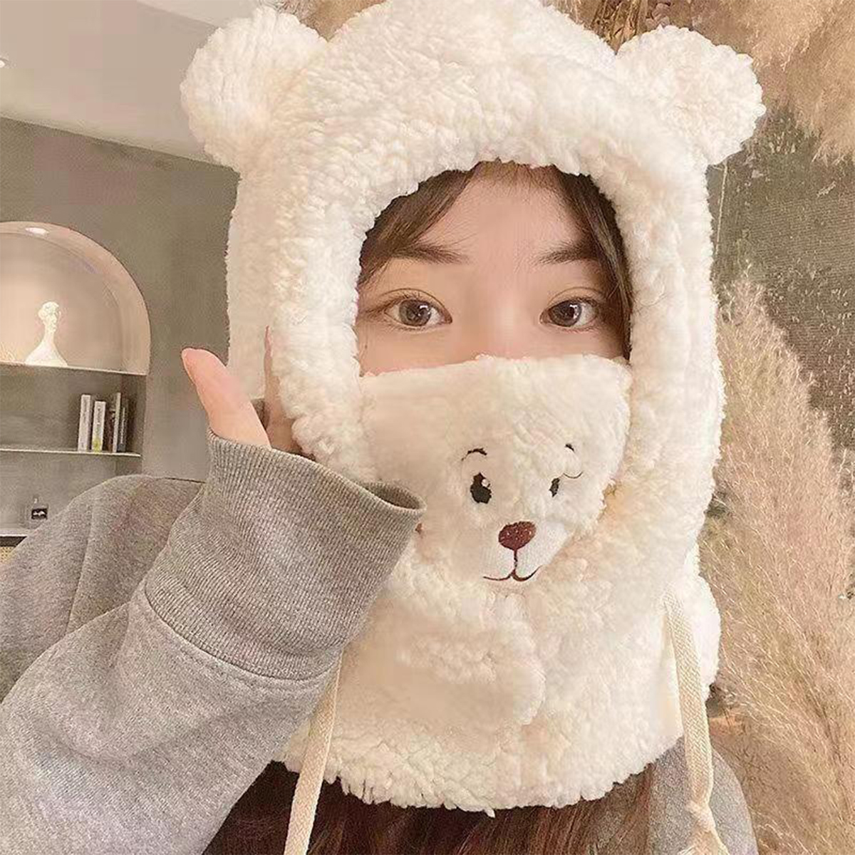 Autumn And Winter New Hat Scarf Integrated Korean All-match Warm Embroidered Bear Plush Bonnet Cold-proof Warm Hat display picture 2