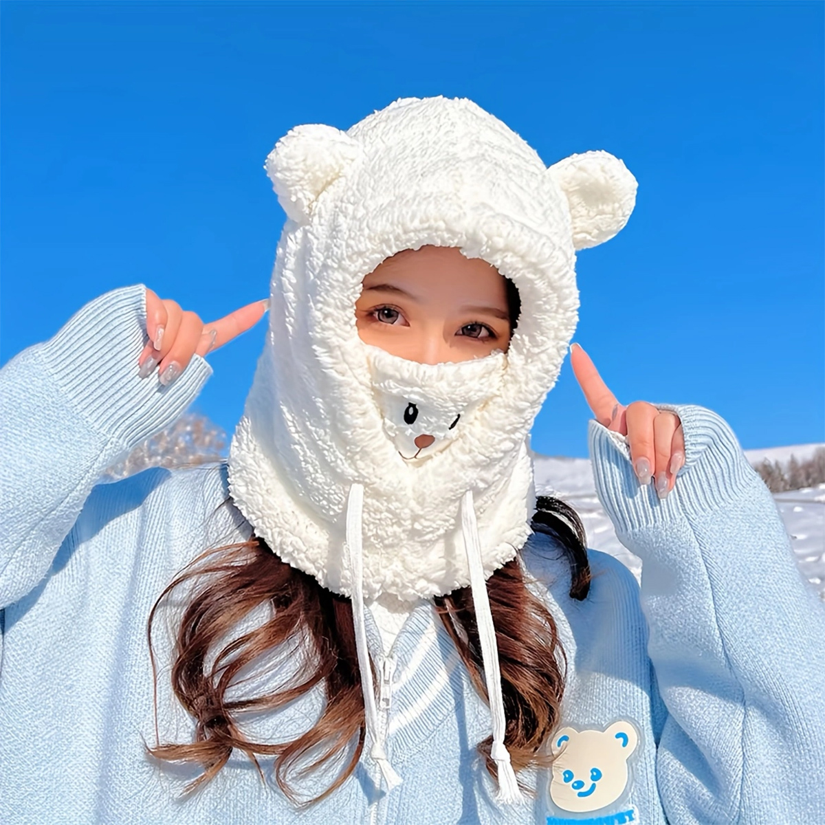 Autumn And Winter New Hat Scarf Integrated Korean All-match Warm Embroidered Bear Plush Bonnet Cold-proof Warm Hat display picture 3
