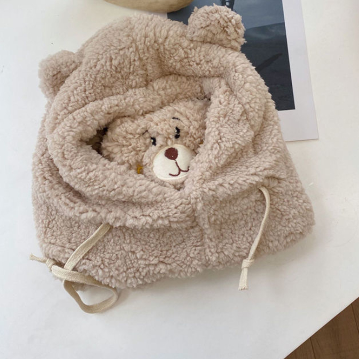 Autumn And Winter New Hat Scarf Integrated Korean All-match Warm Embroidered Bear Plush Bonnet Cold-proof Warm Hat display picture 6