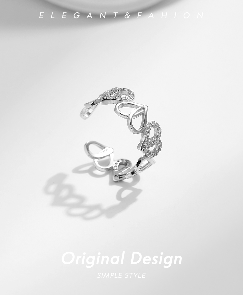 Ig-stil Elegant Französische Art Herzform Sterling Silber Überzogen Mit Rhodium Zirkon Offener Ring In Masse display picture 1