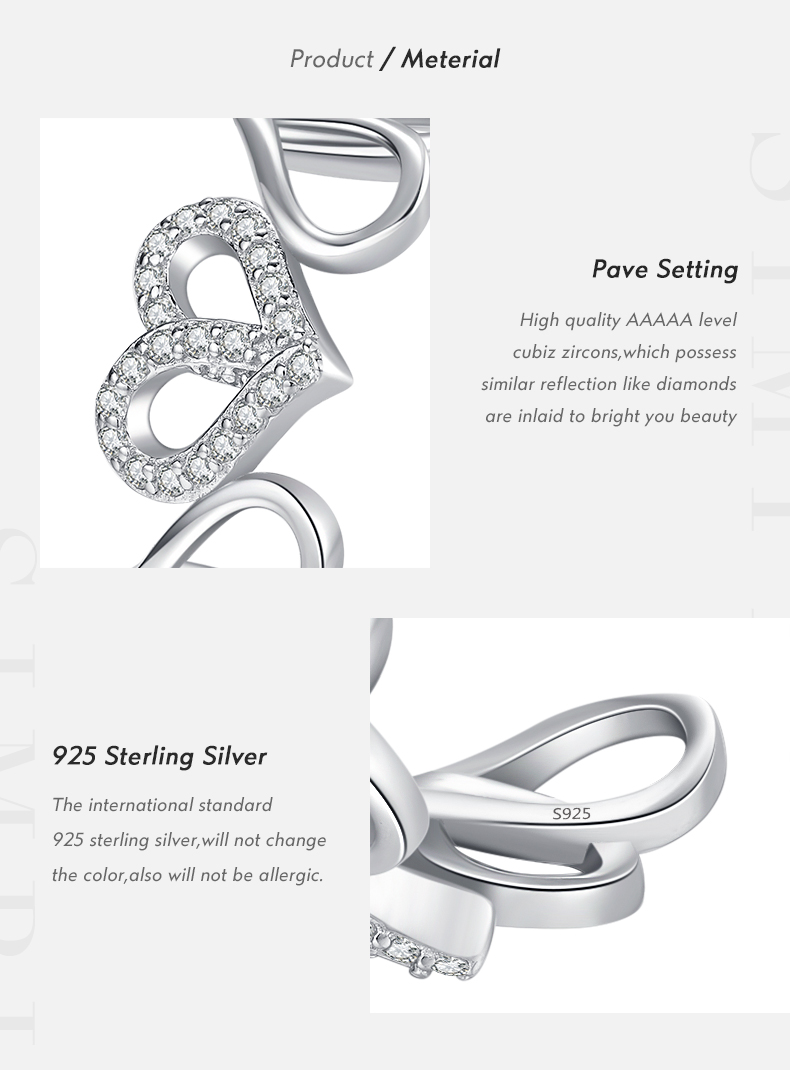 Ig-stil Elegant Französische Art Herzform Sterling Silber Überzogen Mit Rhodium Zirkon Offener Ring In Masse display picture 3
