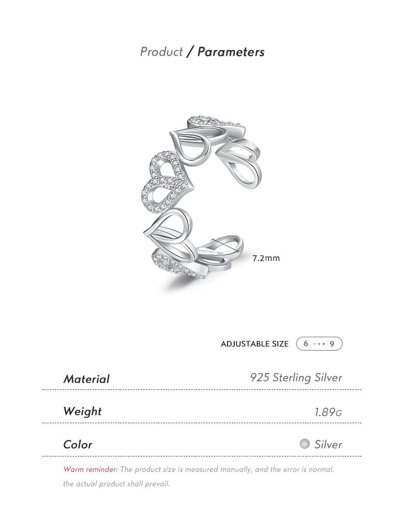 Ig-stil Elegant Französische Art Herzform Sterling Silber Überzogen Mit Rhodium Zirkon Offener Ring In Masse display picture 4