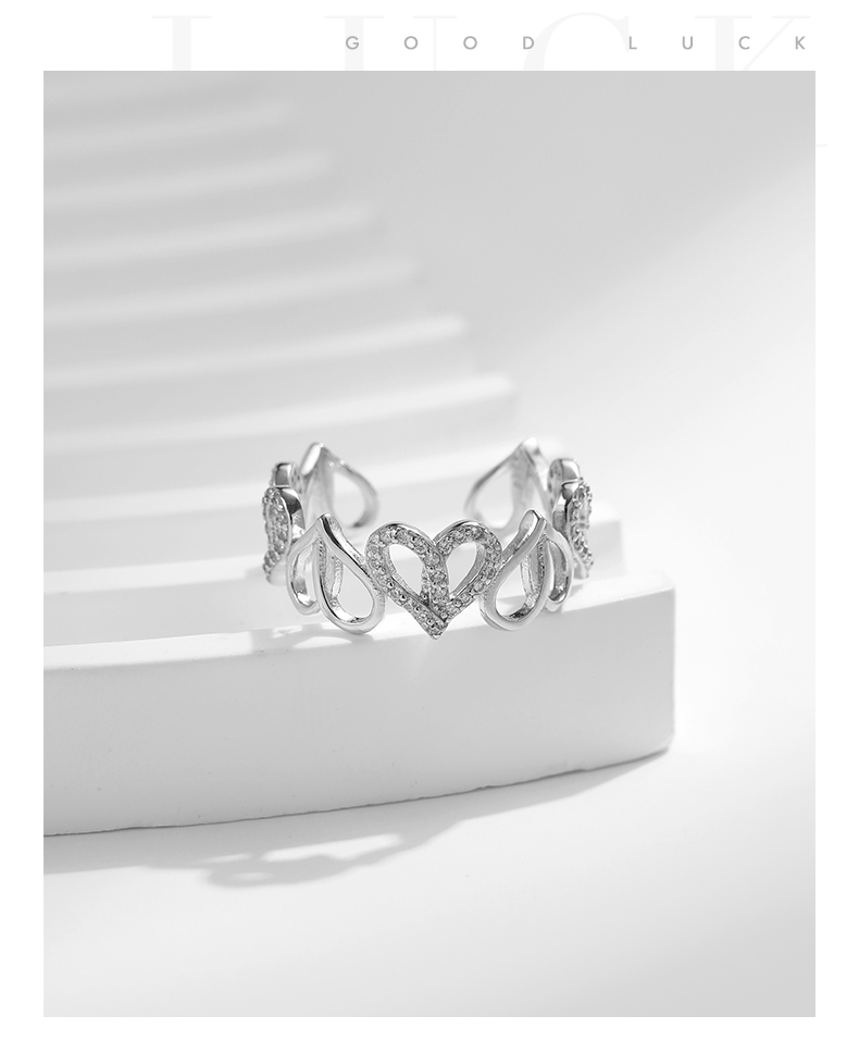Ig Style Elegant French Style Heart Shape Sterling Silver Rhodium Plated Zircon Open Rings In Bulk display picture 7