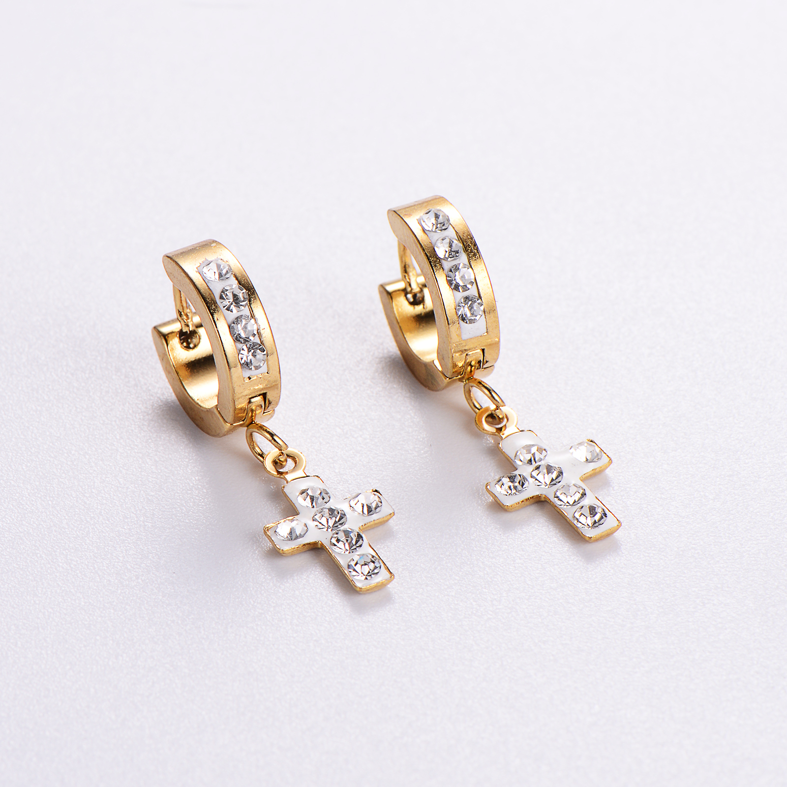 12 Pairs Casual Streetwear Cross Plating Inlay Stainless Steel Artificial Diamond 18k Gold Plated Drop Earrings display picture 2