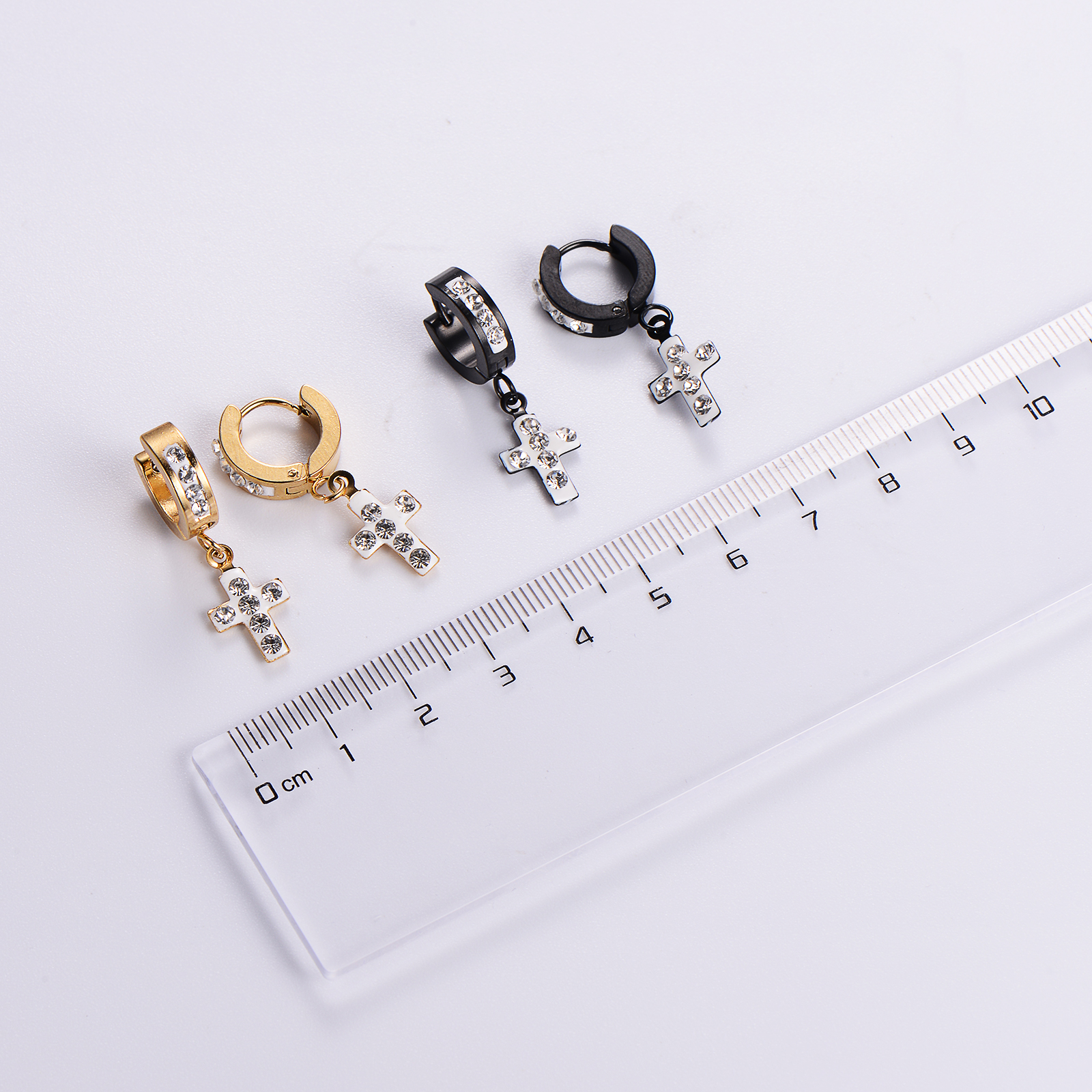 12 Pairs Casual Streetwear Cross Plating Inlay Stainless Steel Artificial Diamond 18k Gold Plated Drop Earrings display picture 3