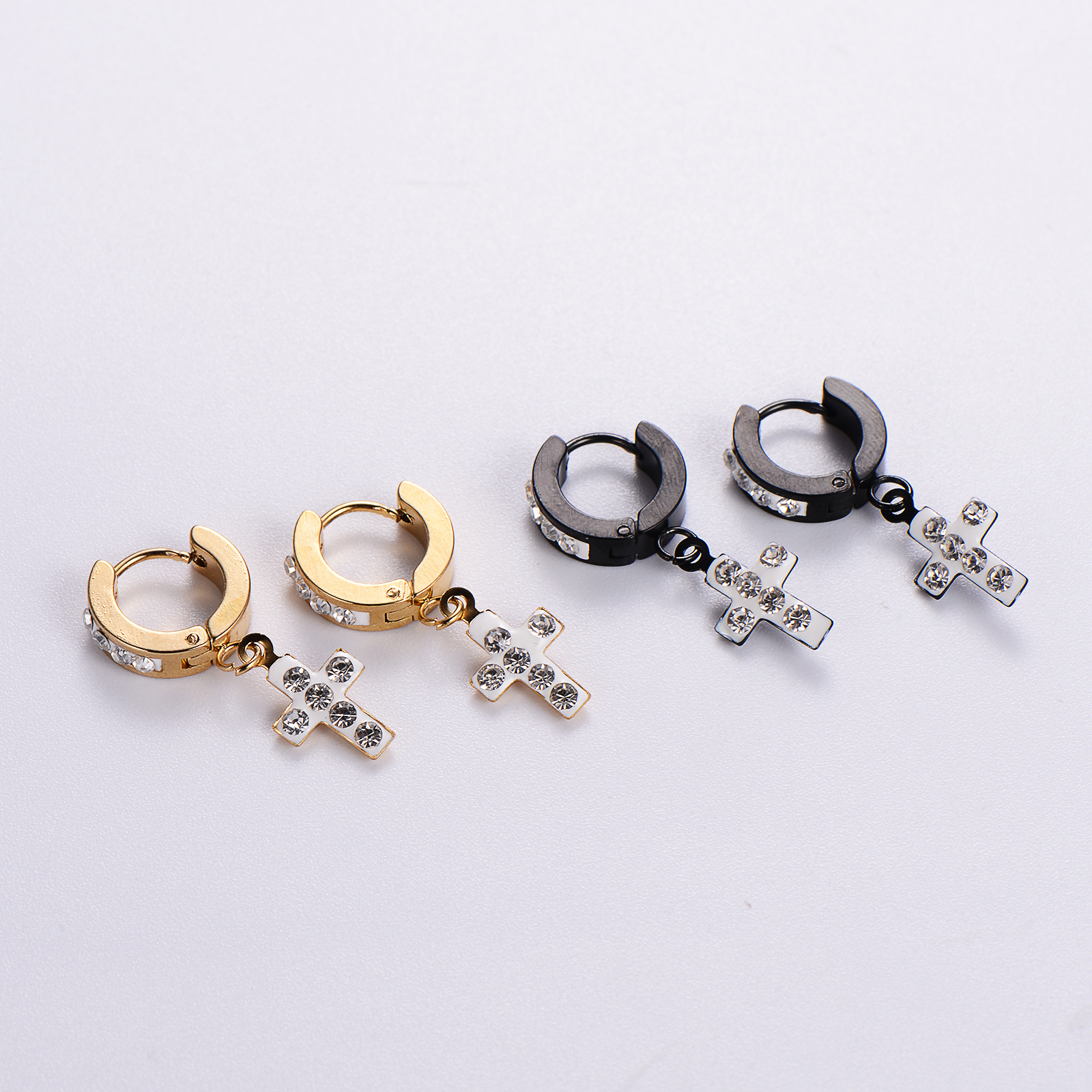 12 Pairs Casual Streetwear Cross Plating Inlay Stainless Steel Artificial Diamond 18k Gold Plated Drop Earrings display picture 4