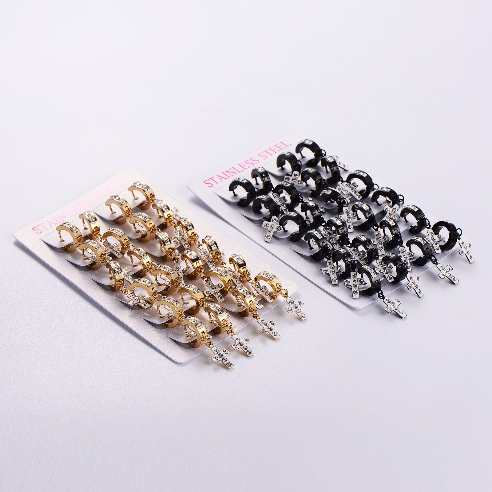 12 Pairs Casual Streetwear Cross Plating Inlay Stainless Steel Artificial Diamond 18k Gold Plated Drop Earrings display picture 5