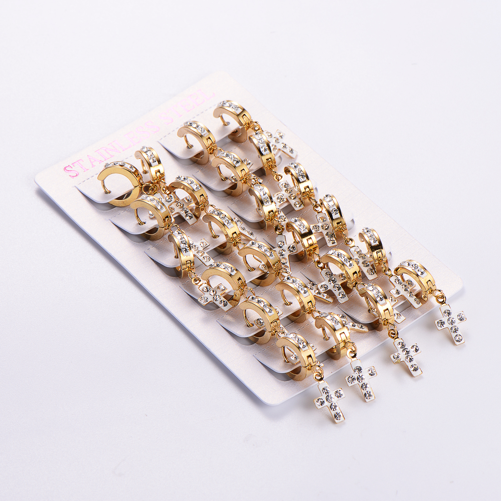 12 Pairs Casual Streetwear Cross Plating Inlay Stainless Steel Artificial Diamond 18k Gold Plated Drop Earrings display picture 7