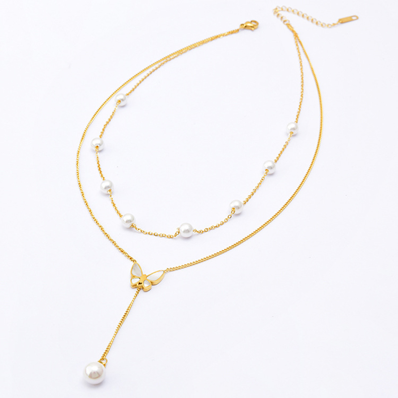 Retro French Style Butterfly Artificial Pearl Titanium Steel Plating 18k Gold Plated Layered Necklaces display picture 2