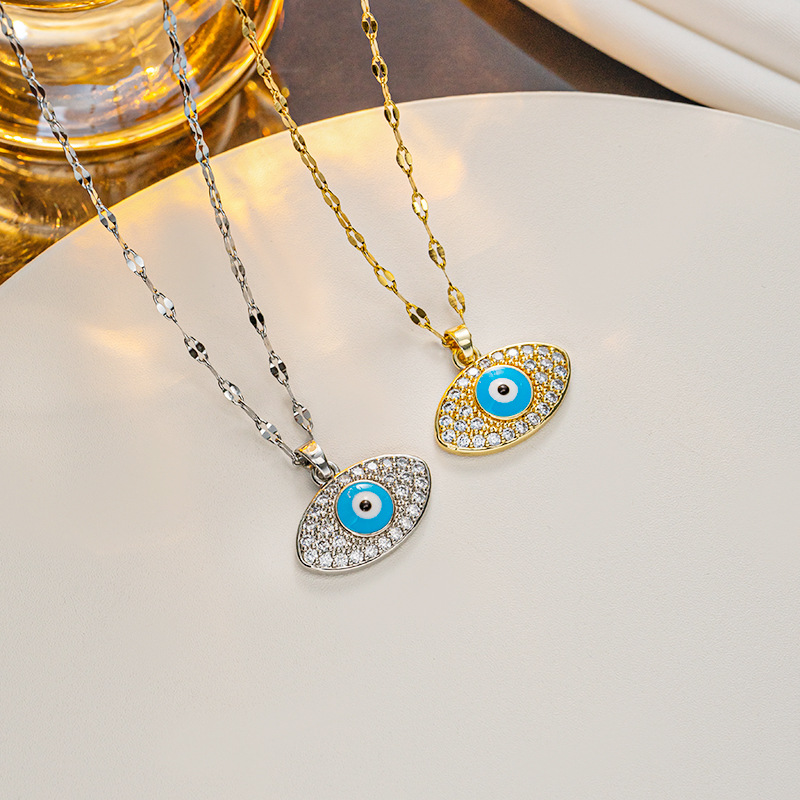 Ig Style Devil's Eye Titanium Steel Enamel Plating Inlay Artificial Diamond Pendant Necklace display picture 1