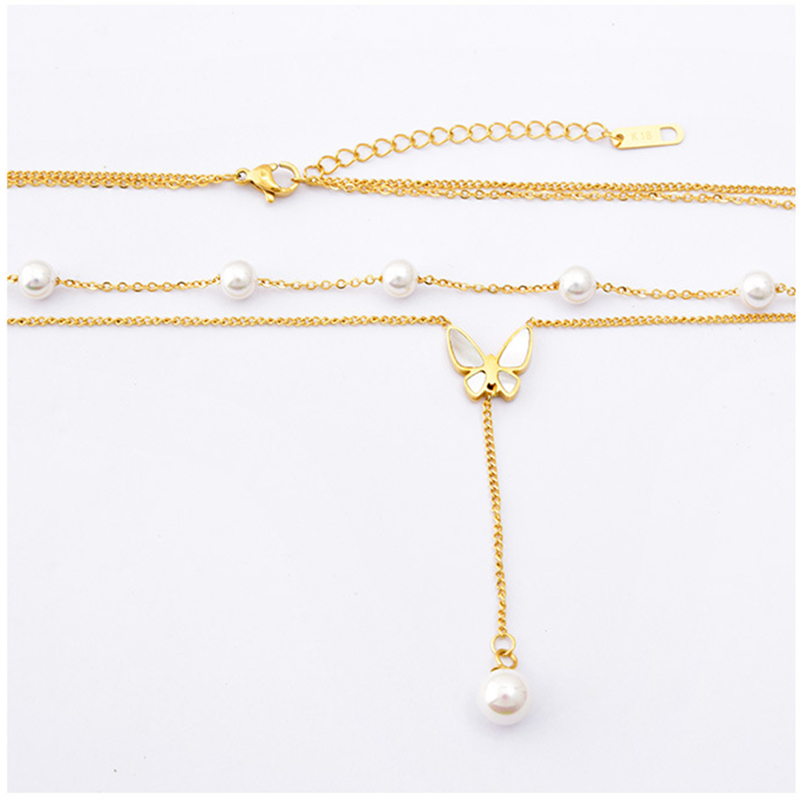 Retro French Style Butterfly Artificial Pearl Titanium Steel Plating 18k Gold Plated Layered Necklaces display picture 6