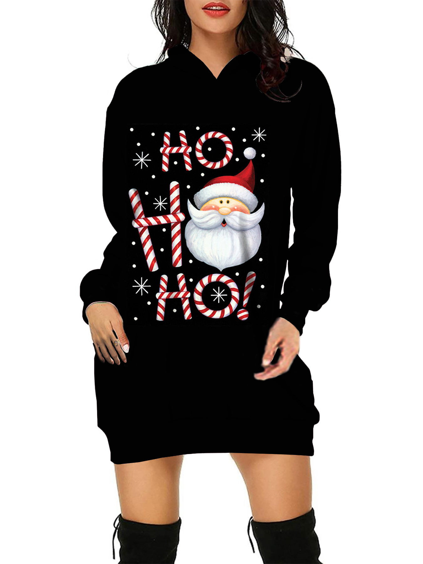 امرأة فستان عادي عيد الميلاد مقنع طباعة كم طويل بابا نويل رسالة فوق الركبة مهرجان display picture 2