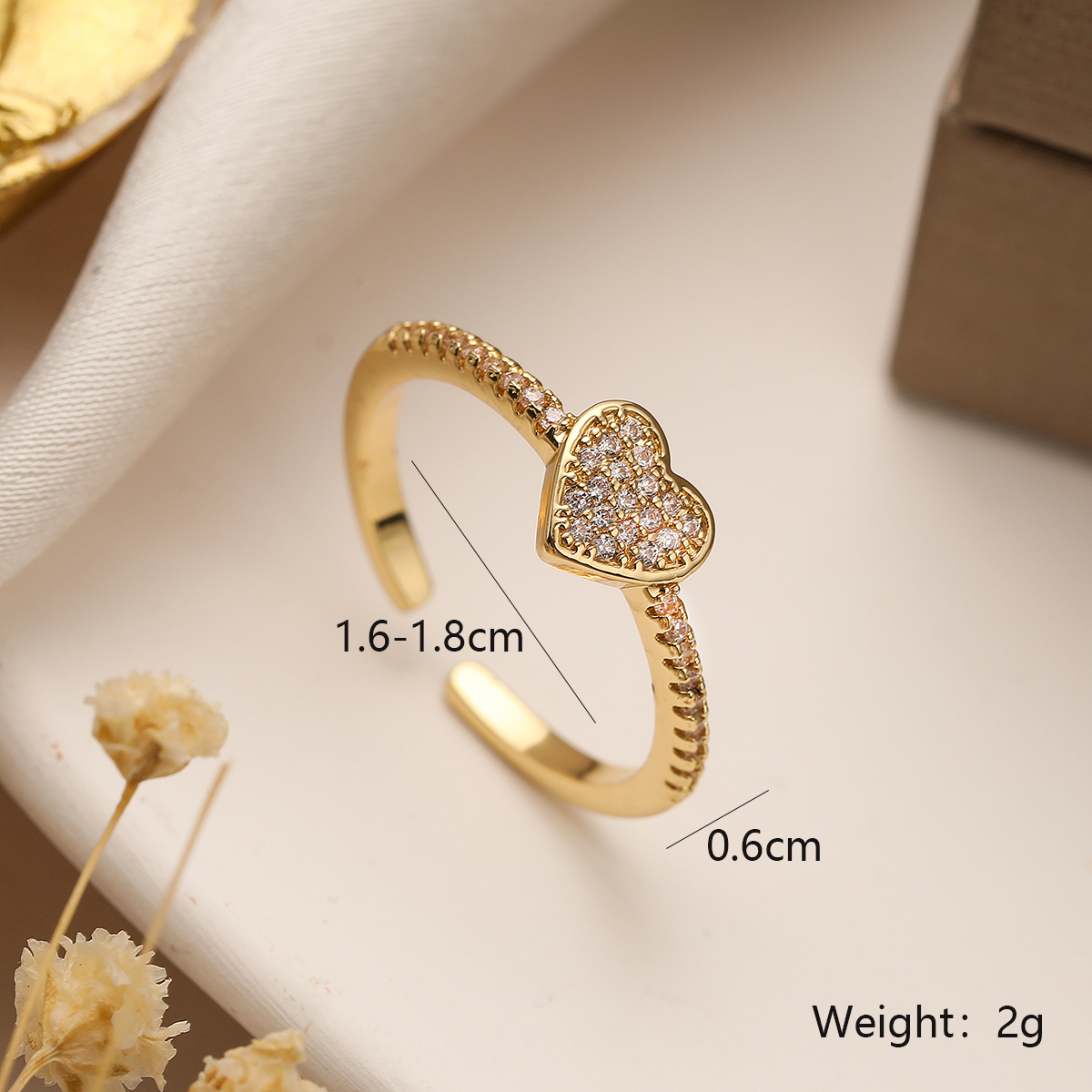 Einfacher Stil Herzform Kupfer 18 Karat Vergoldet Zirkon Offener Ring In Masse display picture 2