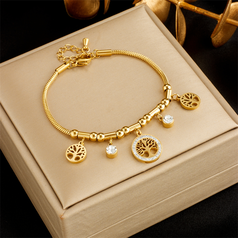 Retro Tree 304 Stainless Steel 18K Gold Plated Artificial Diamond Bracelets In Bulk display picture 5