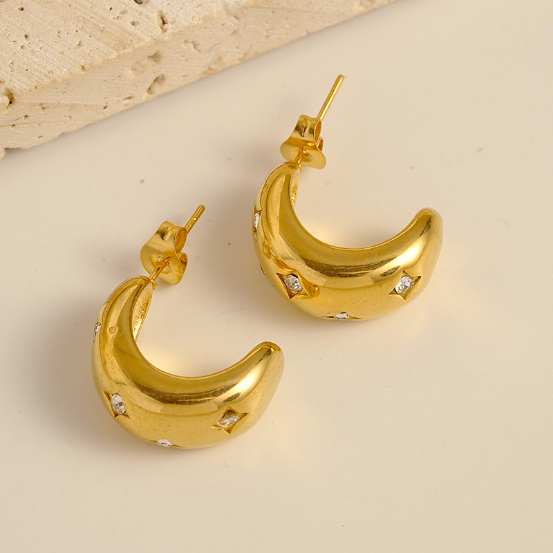 1 Pair Vacation Beach Simple Style Star Moon Plating Inlay 304 Stainless Steel Zircon 14K Gold Plated Ear Studs display picture 2