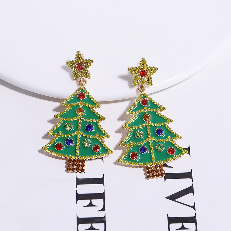 1 Pair Simple Style Christmas Tree Inlay Alloy Gem Gold Plated Ear Studs display picture 3