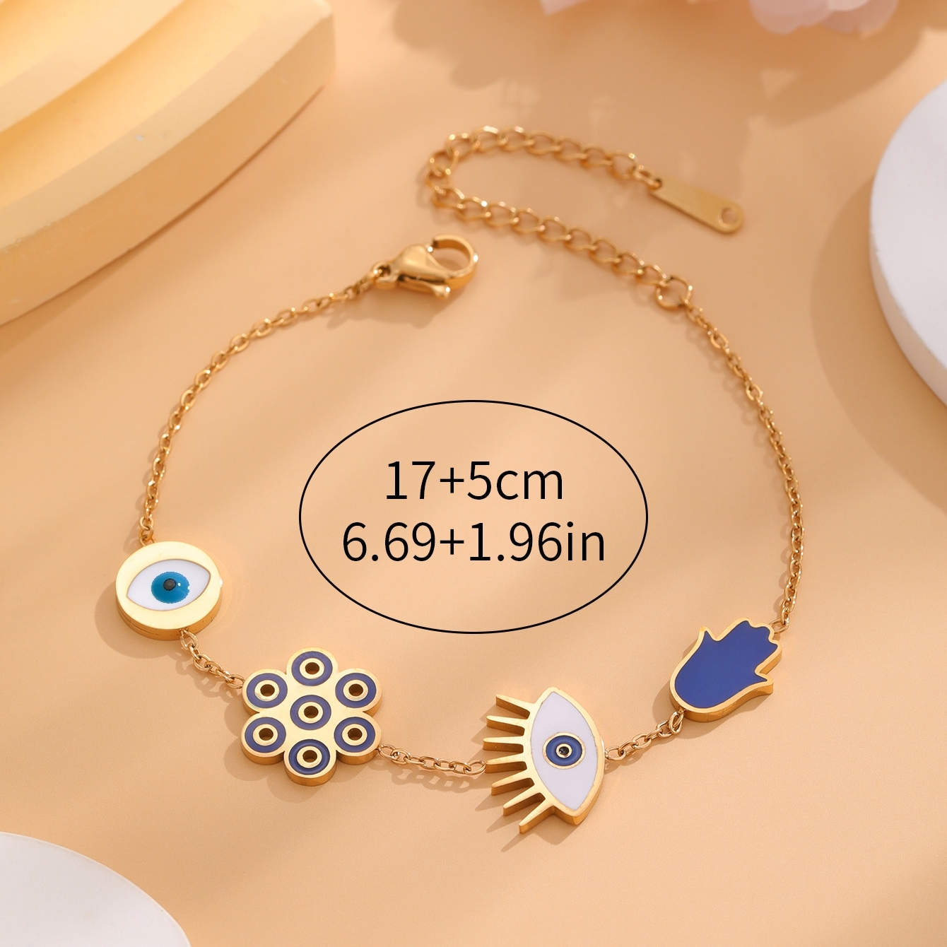 Retro Classic Style Palm Eye Flower 304 Stainless Steel 18K Gold Plated Resin Rhinestones Bracelets In Bulk display picture 1