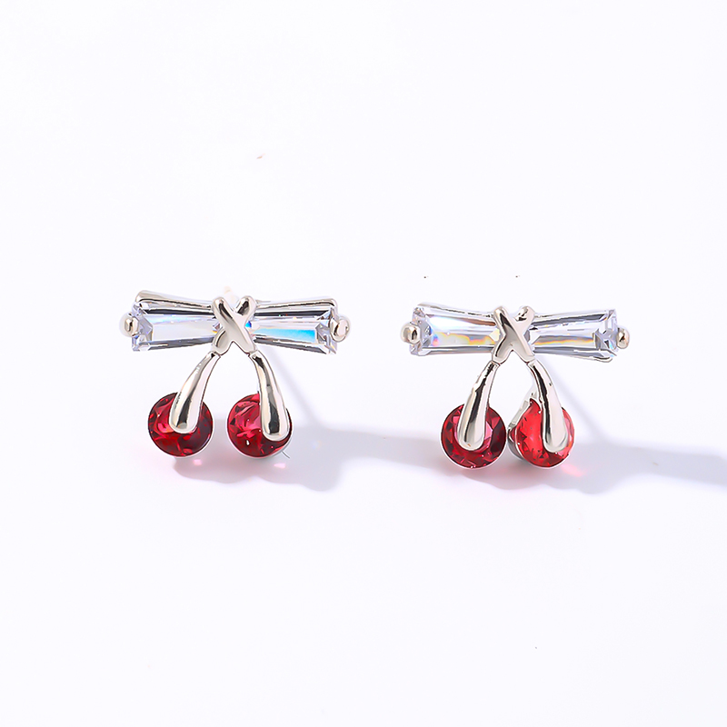 1 Pair IG Style Cute Simple Style Cherry Bow Knot Plating Inlay Copper Zircon Ear Studs display picture 2