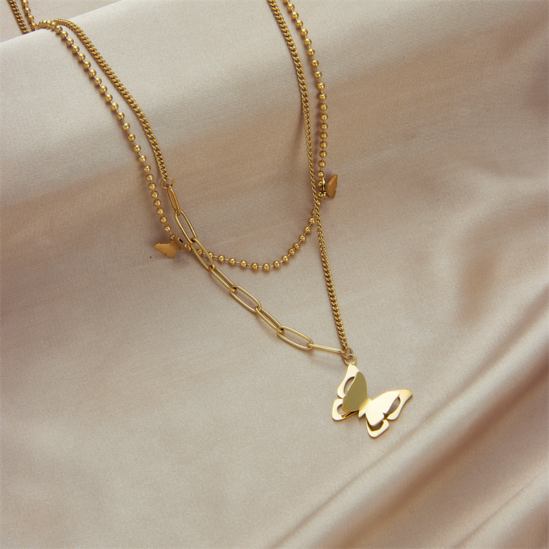 Edelstahl 304 18 Karat Vergoldet Einfacher Stil Überzug Schmetterling Doppellagige Halsketten display picture 5
