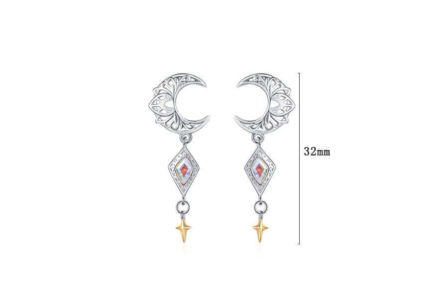 1 Pair Ig Style Star Moon Plating Hollow Out Inlay Sterling Silver Zircon 24k Gold Plated White Gold Plated Drop Earrings display picture 7